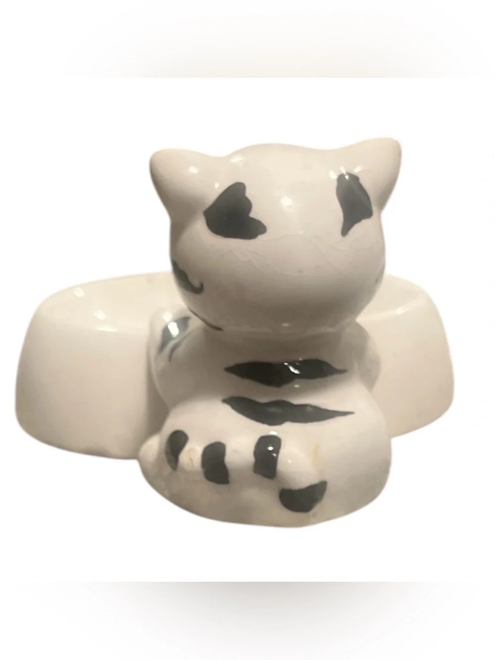 Vintage Ceramic Cat Soap Dish Trinket Tray Ring Holder White Gray Tabby Striped